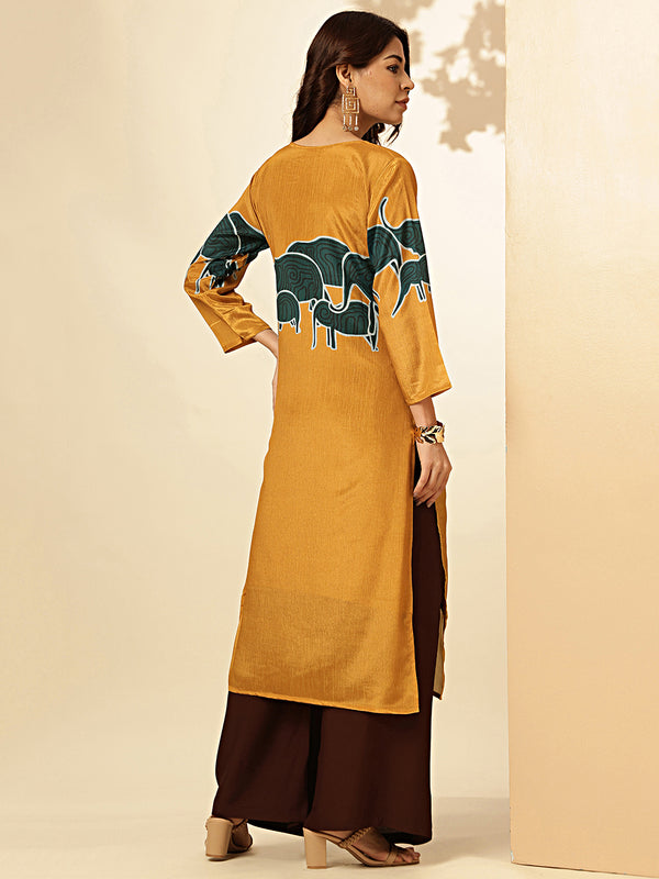 Mustard Animal Print Straight Chinon Stitched Kurta