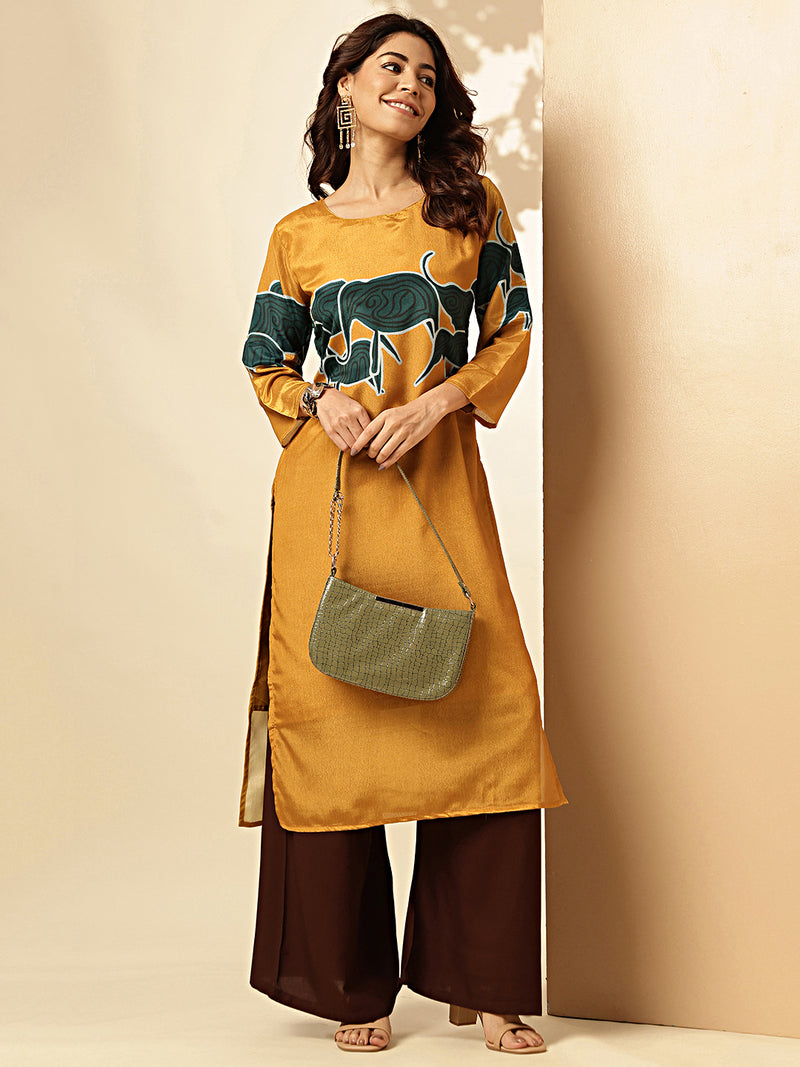 Mustard Animal Print Straight Chinon Stitched Kurta