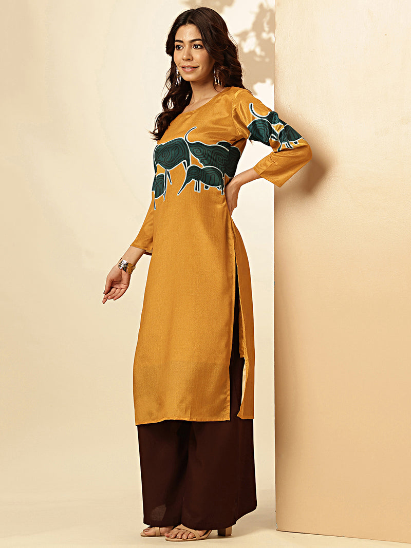 Mustard Animal Print Straight Chinon Stitched Kurta