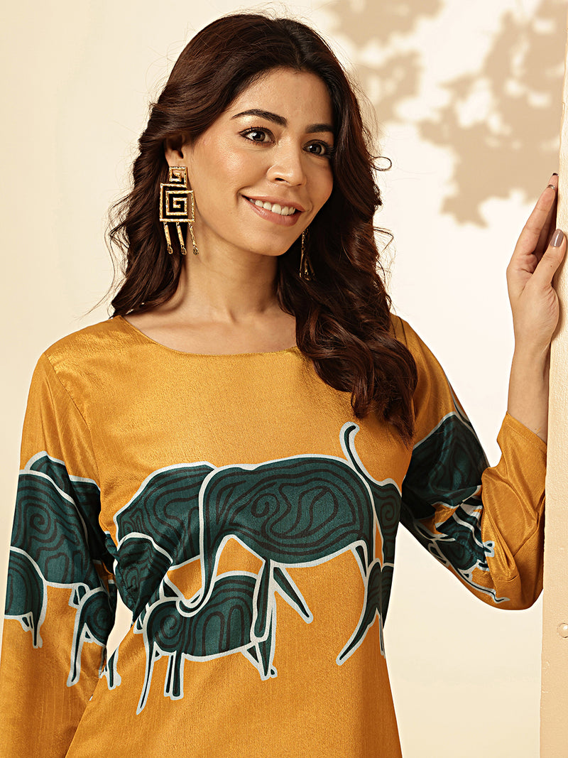 Mustard Animal Print Straight Chinon Stitched Kurta