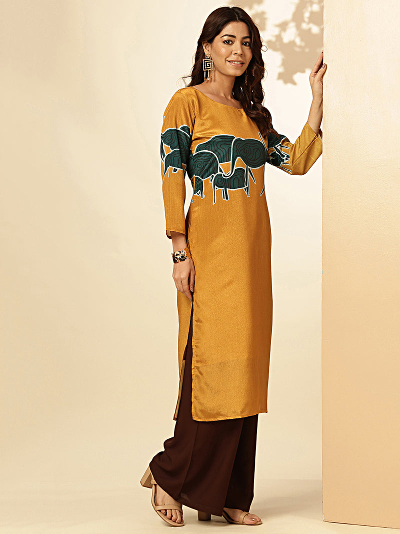 Mustard Animal Print Straight Chinon Stitched Kurta