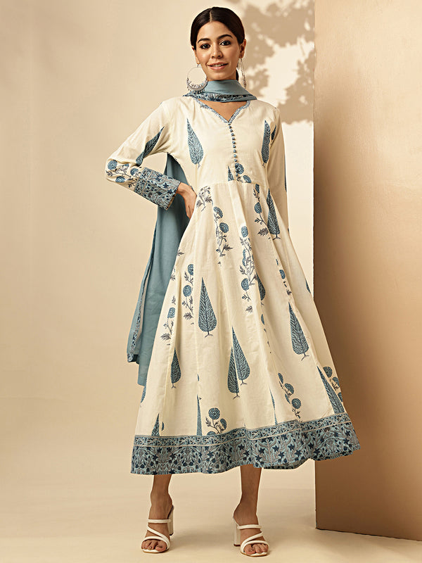 White And Sky Floral Print With Thread Work Anarkali Cotton Stitched Gown With Dupatta