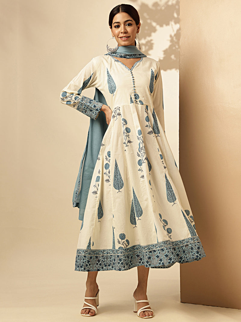 White And Sky Floral Print With Thread Work Anarkali Cotton Stitched Gown With Dupatta