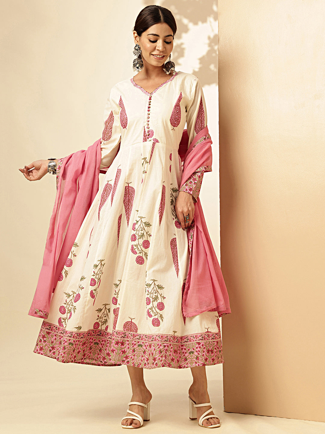 White And Pink Floral Print Anarkali Cotton Stitched Gown With Dupatta