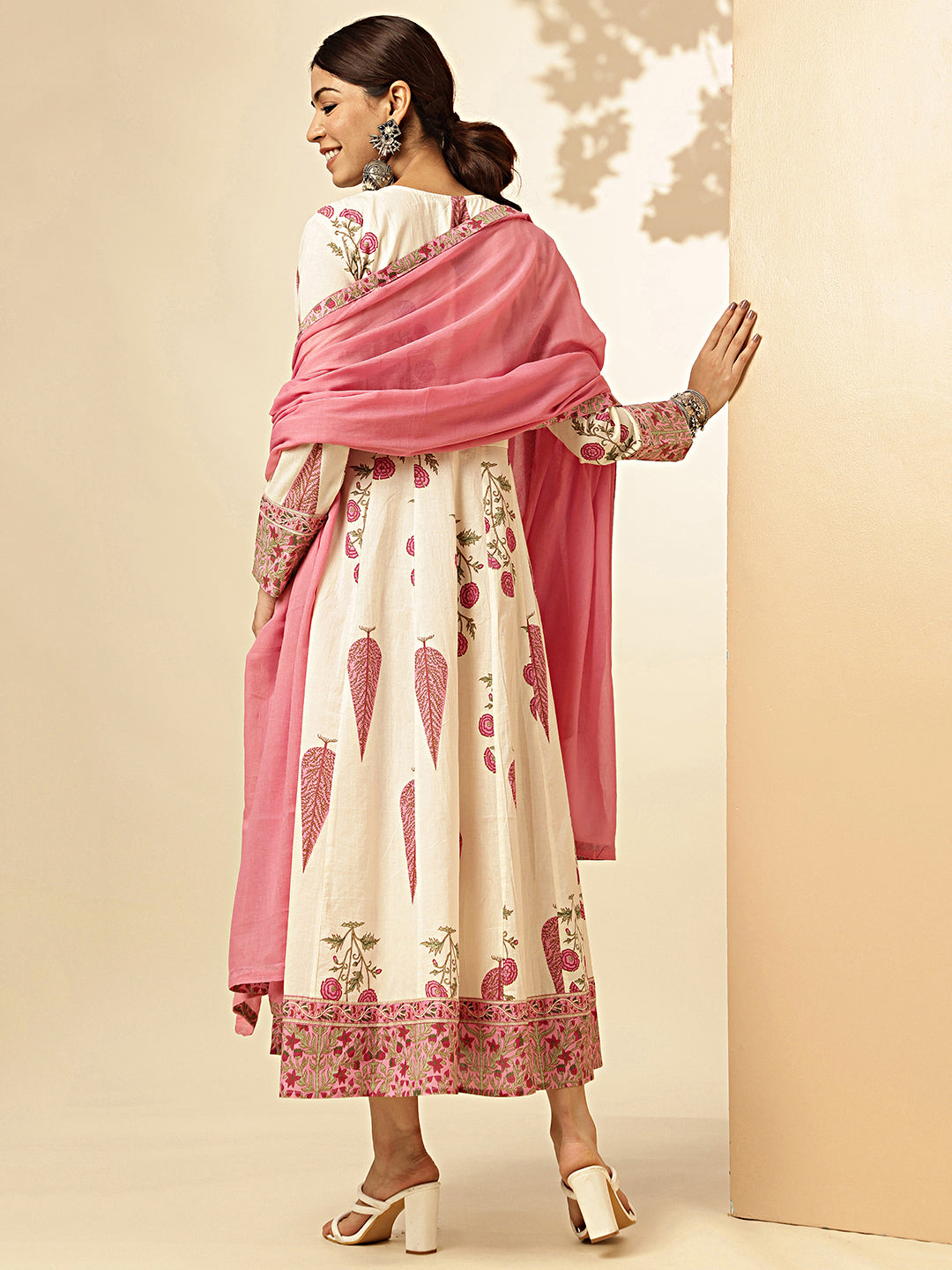 White And Pink Floral Print Anarkali Cotton Stitched Gown With Dupatta