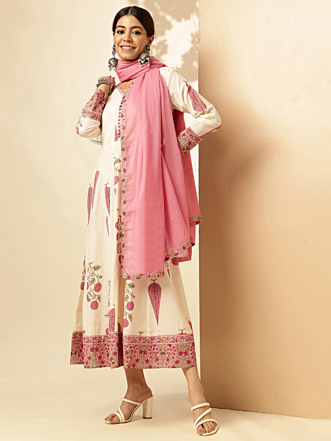 White And Pink Floral Print Anarkali Cotton Stitched Gown With Dupatta