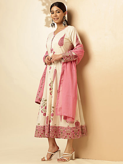 White And Pink Floral Print Anarkali Cotton Stitched Gown With Dupatta