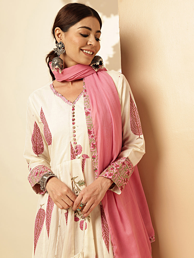 White And Pink Floral Print With Thread Work Anarkali Cotton Stitched Gown With Dupatta