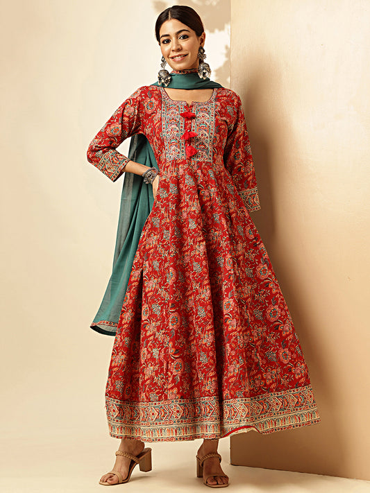 Maroon Floral Print Anarkali Cotton Stitched Gown With Dupatta