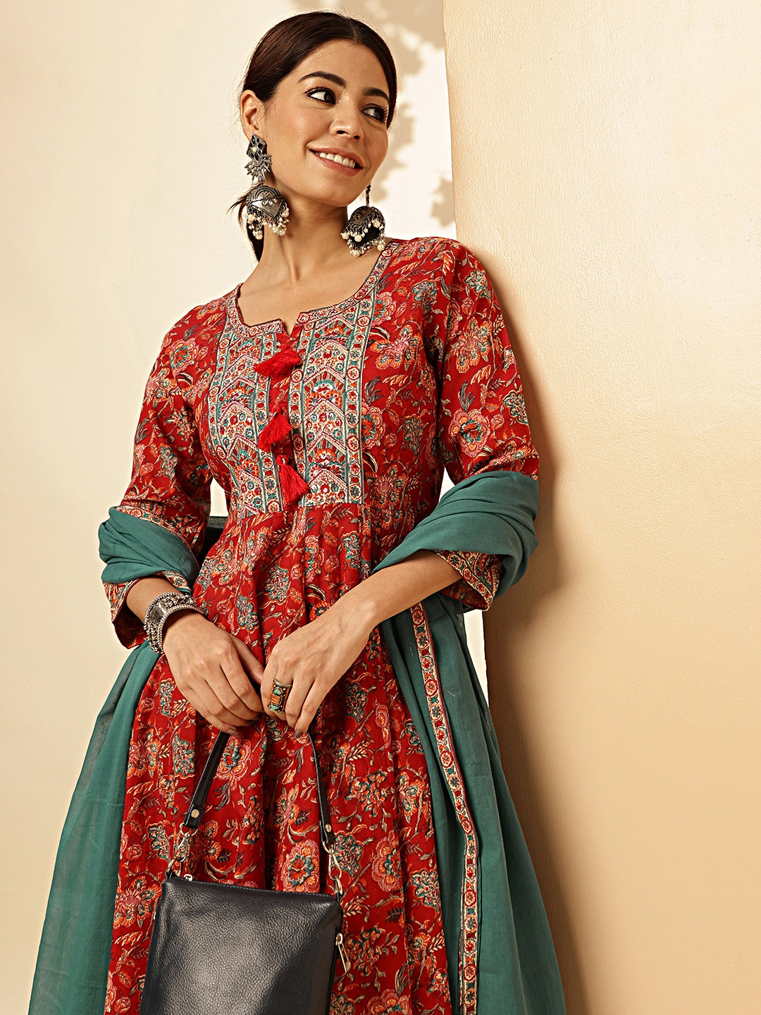 Maroon Floral Print Anarkali Cotton Stitched Gown With Dupatta