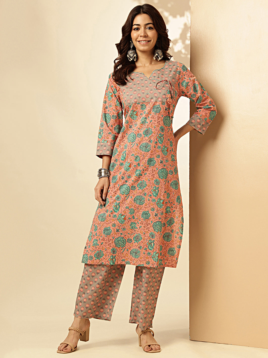 Dark Rama Floral Print Straight Cotton Stitched Kurta With Palazzo