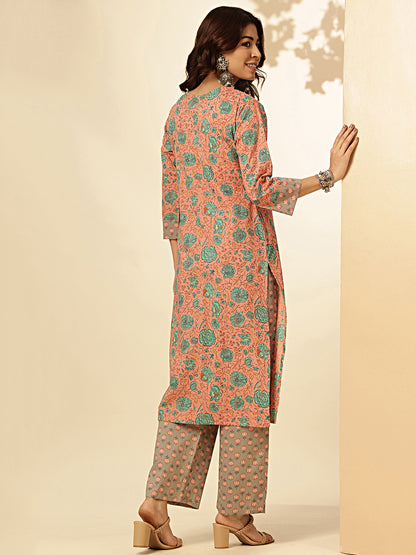 Dark Rama Floral Print Straight Cotton Stitched Kurta With Palazzo