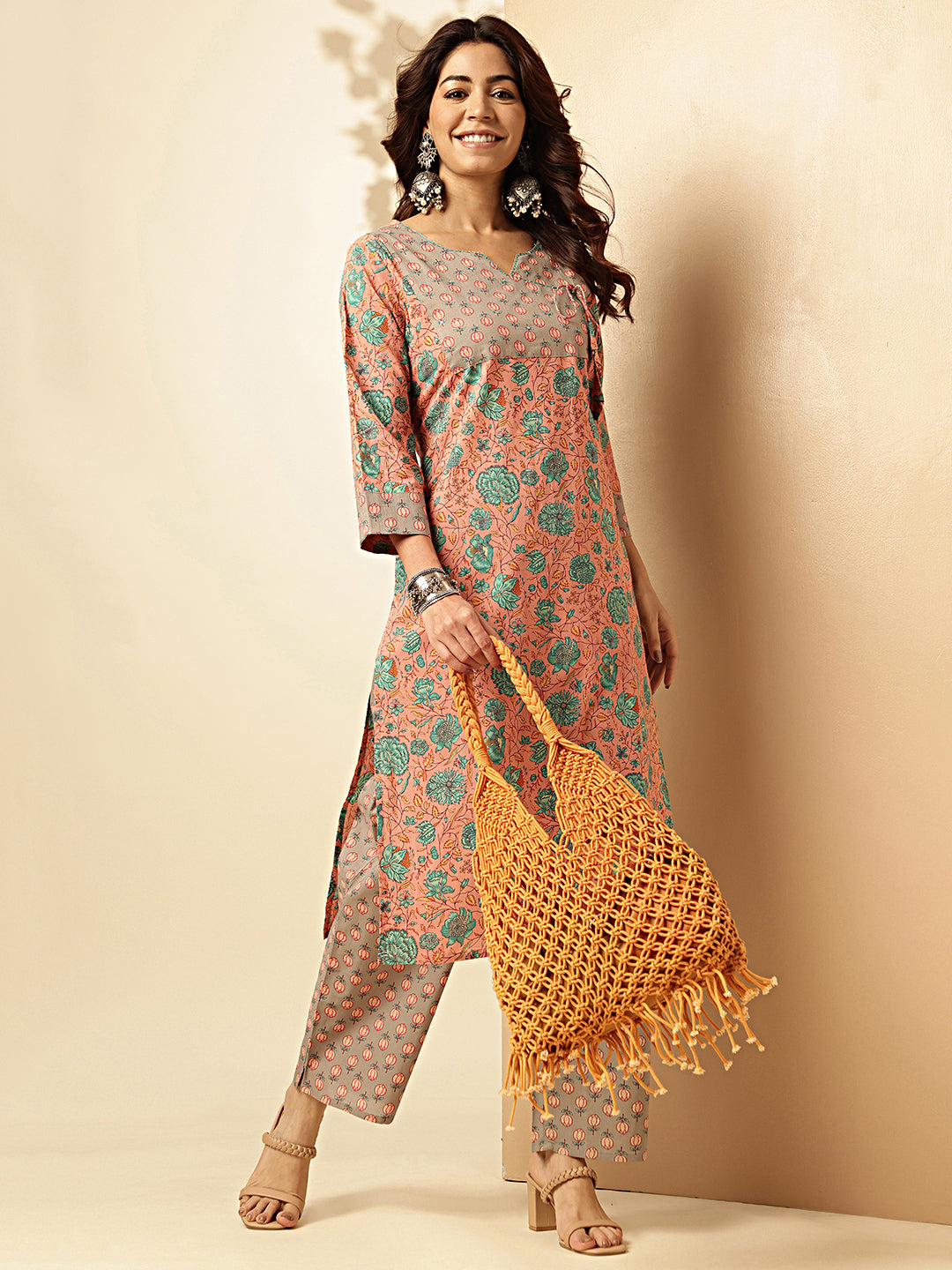 Dark Rama Floral Print Straight Cotton Stitched Kurta With Palazzo