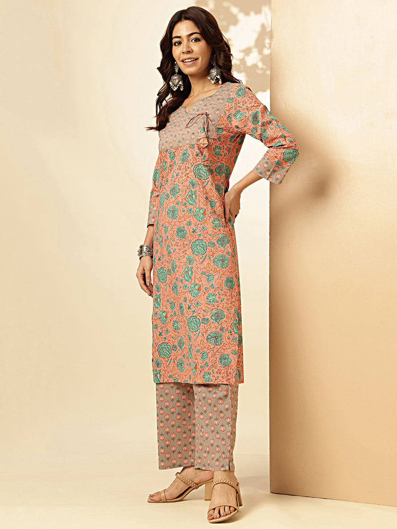 Dark Rama Floral Print Straight Cotton Stitched Kurta With Palazzo