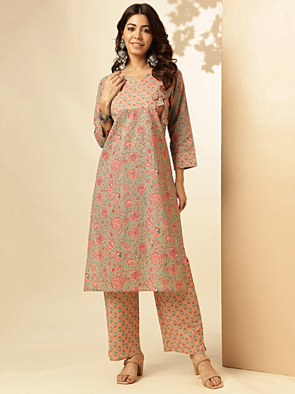 Peach Floral Print Straight Cotton Kurta With Palazzo