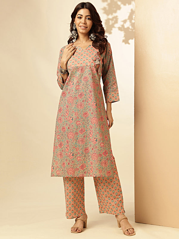 Floral Print With Thread Work With Sequence Straight Cotton Peach Stiched Kurta With Palazzo