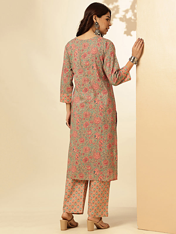 Floral Print With Thread Work With Sequence Straight Cotton Peach Stiched Kurta With Palazzo