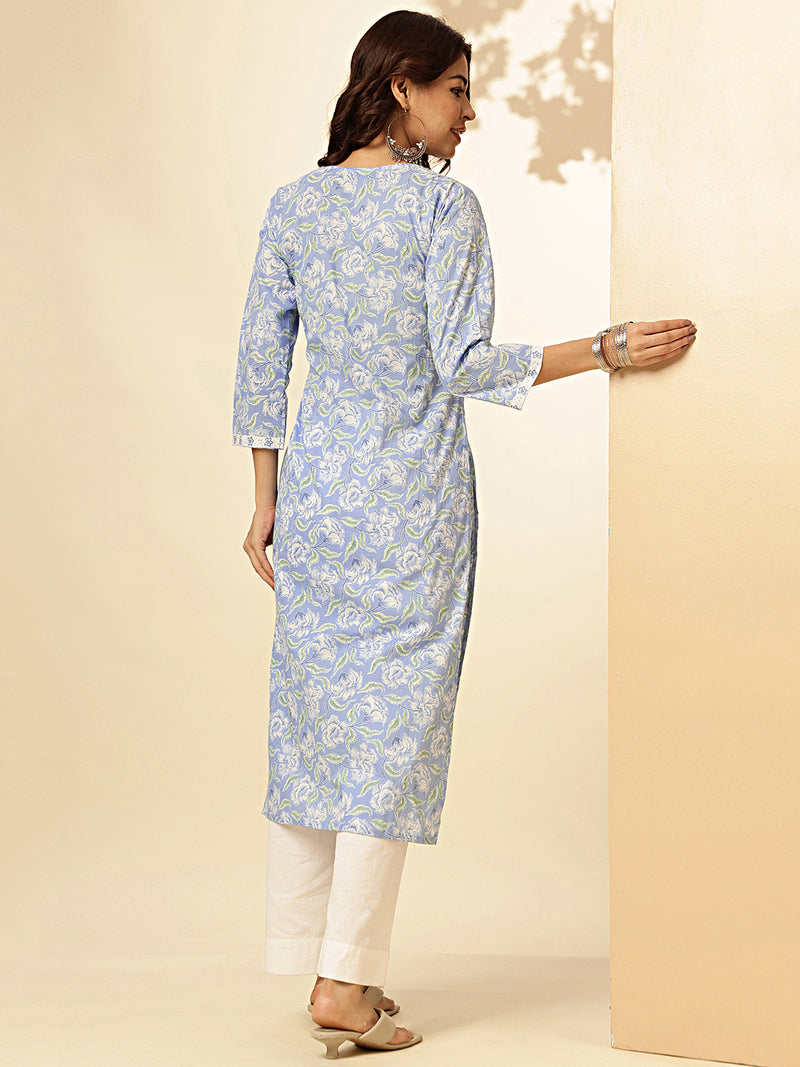 Sky Blue Floral Print Straight Cotton Stitched Kurta