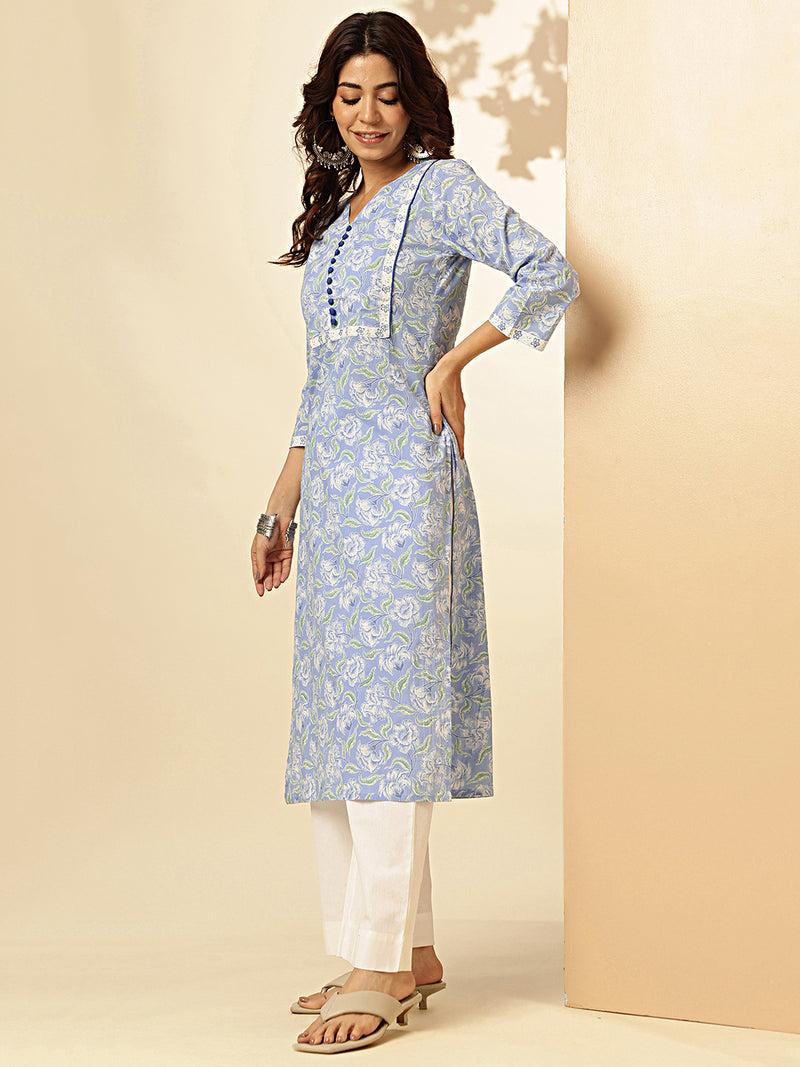 Sky Blue Floral Print Straight Cotton Stitched Kurta