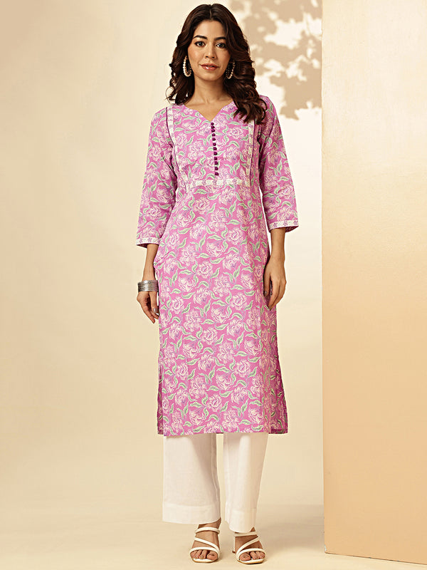 Purple Floral Print Straight Cotton Stitched Kurta