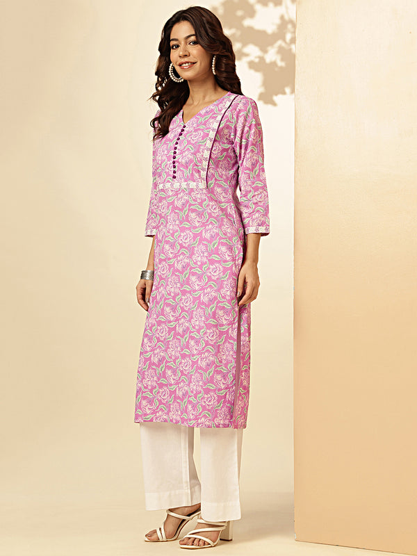 Purple Floral Print Straight Cotton Stitched Kurta