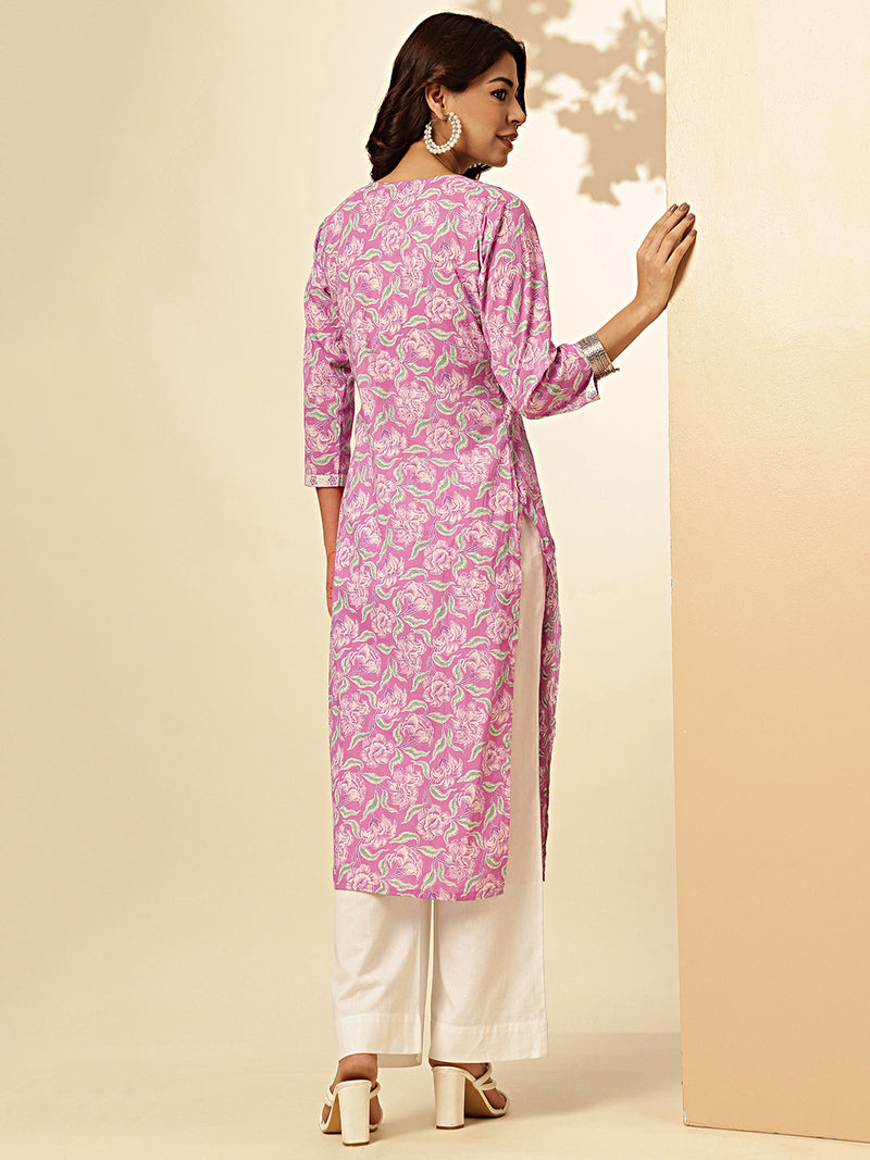 Purple Floral Print Straight Cotton Stitched Kurta