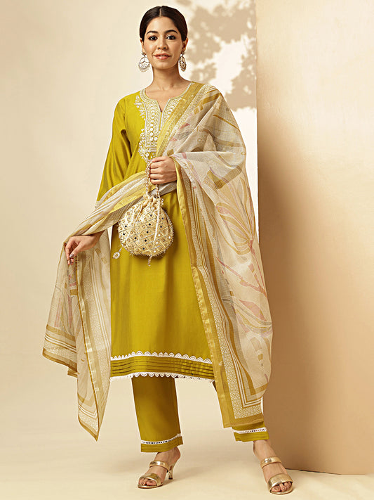 Mustard Solid With Embroidered Straight Roman Silk Stitched Kurta Set