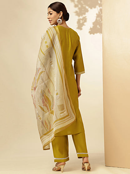 Mustard Solid With Embroidered Straight Roman Silk Stitched Kurta Set