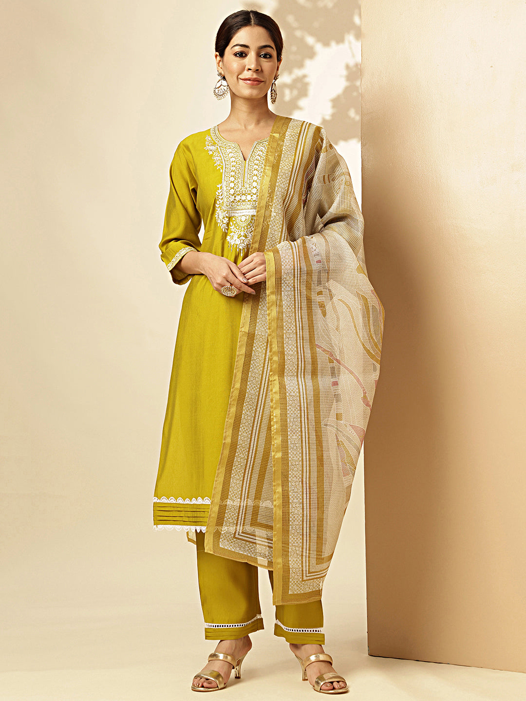 Mustard Solid With Embroidered Straight Roman Silk Stitched Kurta Set