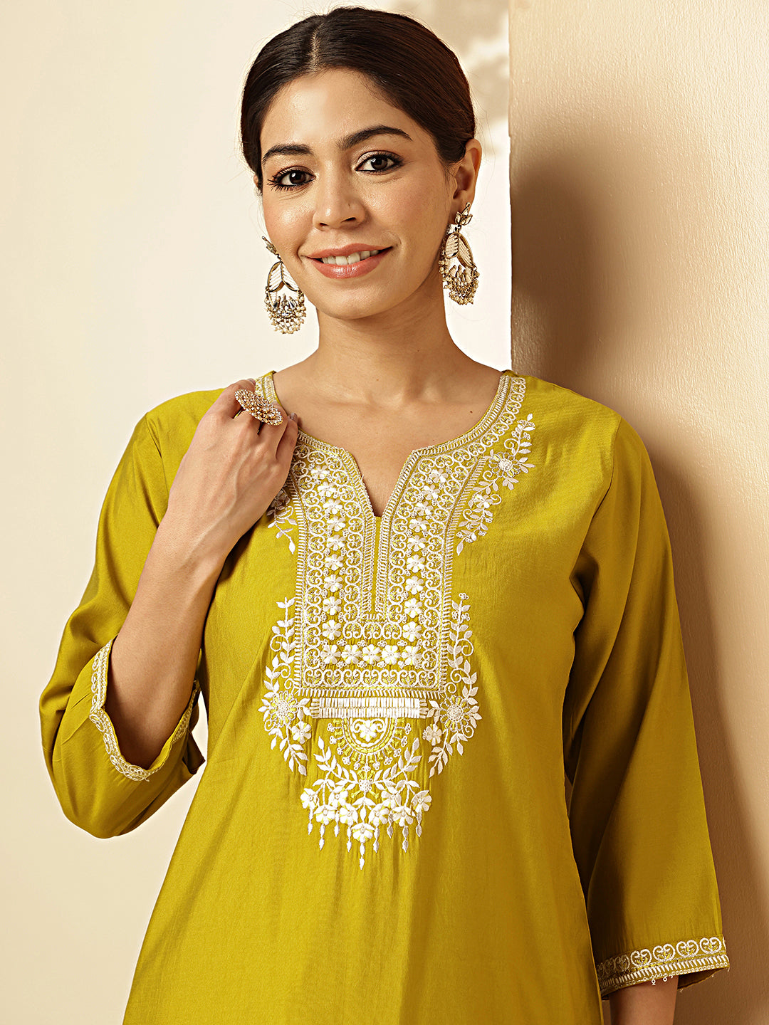 Mustard Solid With Embroidered Straight Roman Silk Stitched Kurta Set