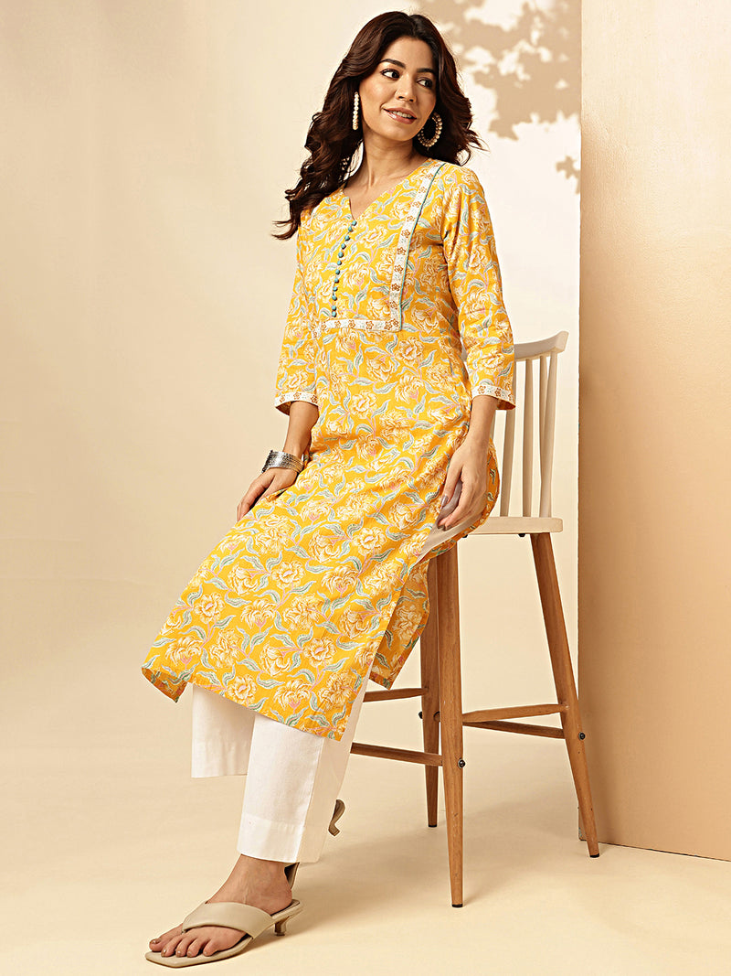 Yellow Floral Print Straight Cotton Stitched Kurta