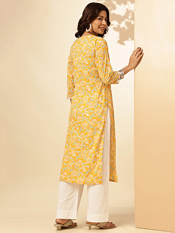 Yellow Floral Print Straight Cotton Stitched Kurta