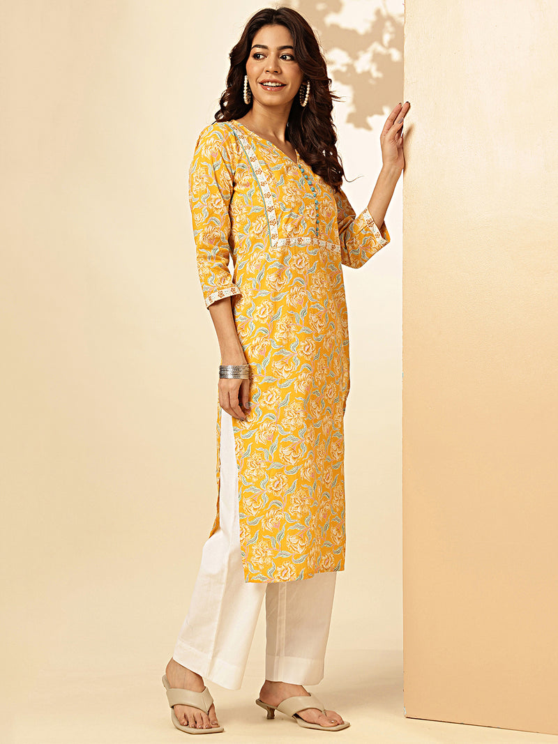 Yellow Floral Print Straight Cotton Stitched Kurta