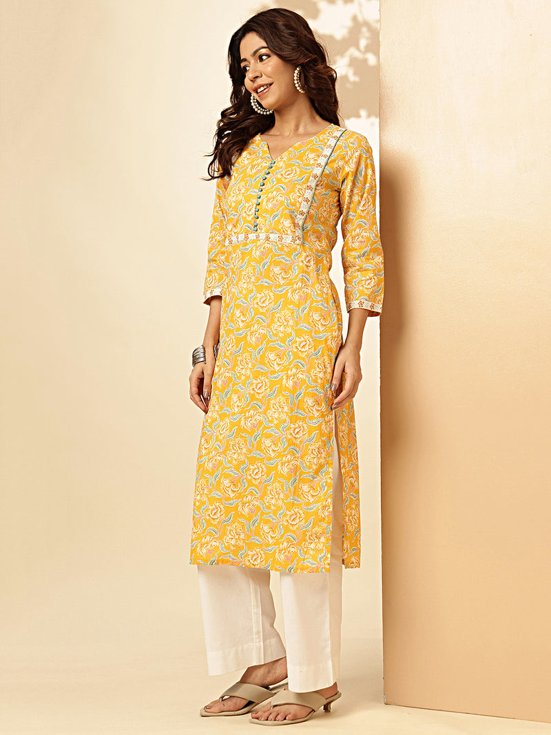 Yellow Floral Print Straight Cotton Stitched Kurta