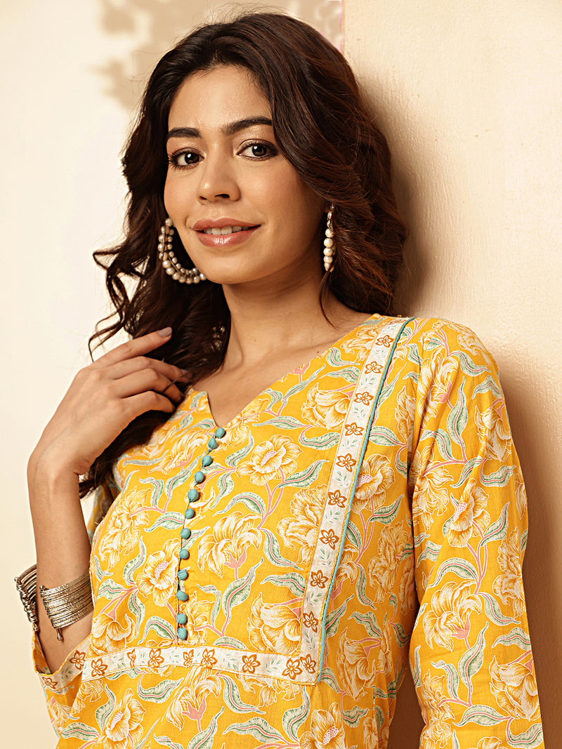 Yellow Floral Print Straight Cotton Stitched Kurta