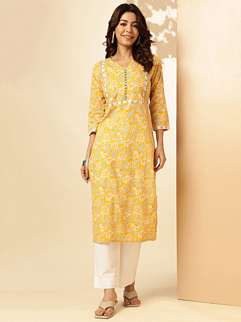 Yellow Floral Print Straight Cotton Stitched Kurta