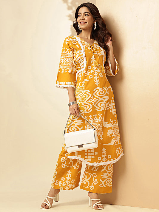 Yellow Geometric Print With Embroidered Straight Cotton Stitched Kurta With Palazzo