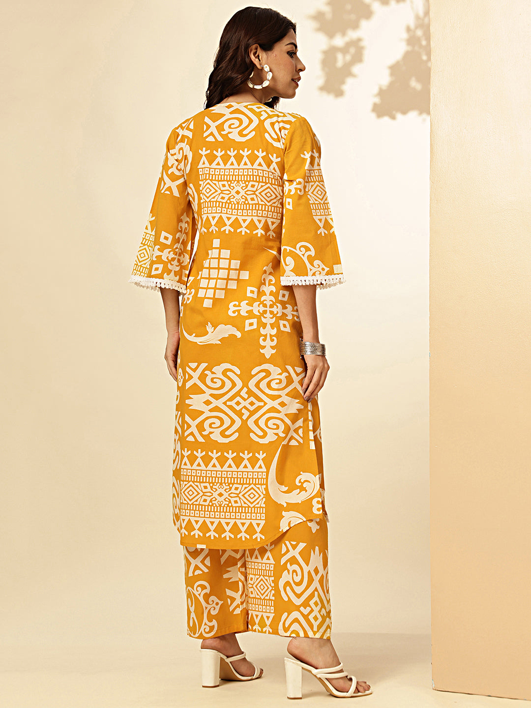 Yellow Geometric Print With Embroidered Straight Cotton Stitched Kurta With Palazzo