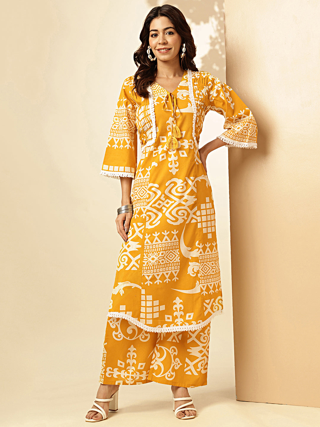 Yellow Geometric Print With Embroidered Straight Cotton Stitched Kurta With Palazzo