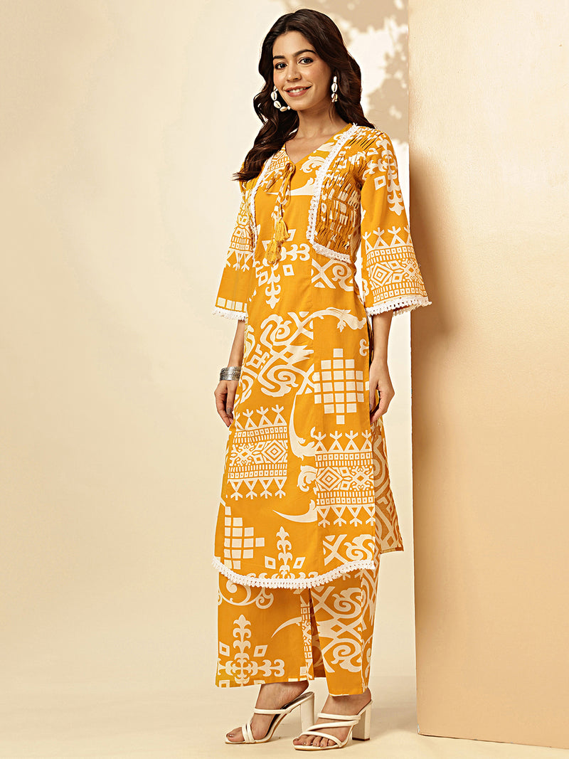 Yellow Geometric Print With Embroidered Straight Cotton Stitched Kurta With Palazzo