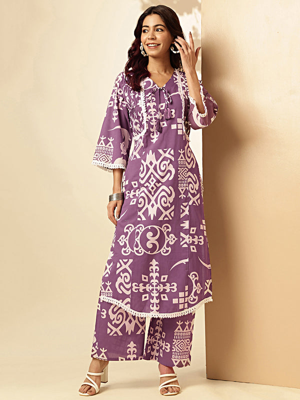 Geometric Print With Embroidered & Lace Work With Pleated Style Straight Cotton Violet Stiched Kurta With Palazzo