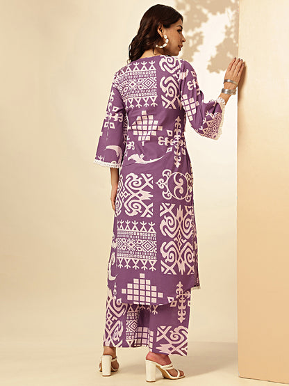 Violet Geometric Print With Embroidered Straight Cotton Stitched Kurta With Palazzo