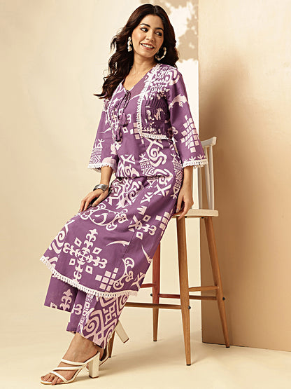 Violet Geometric Print With Embroidered Straight Cotton Stitched Kurta With Palazzo