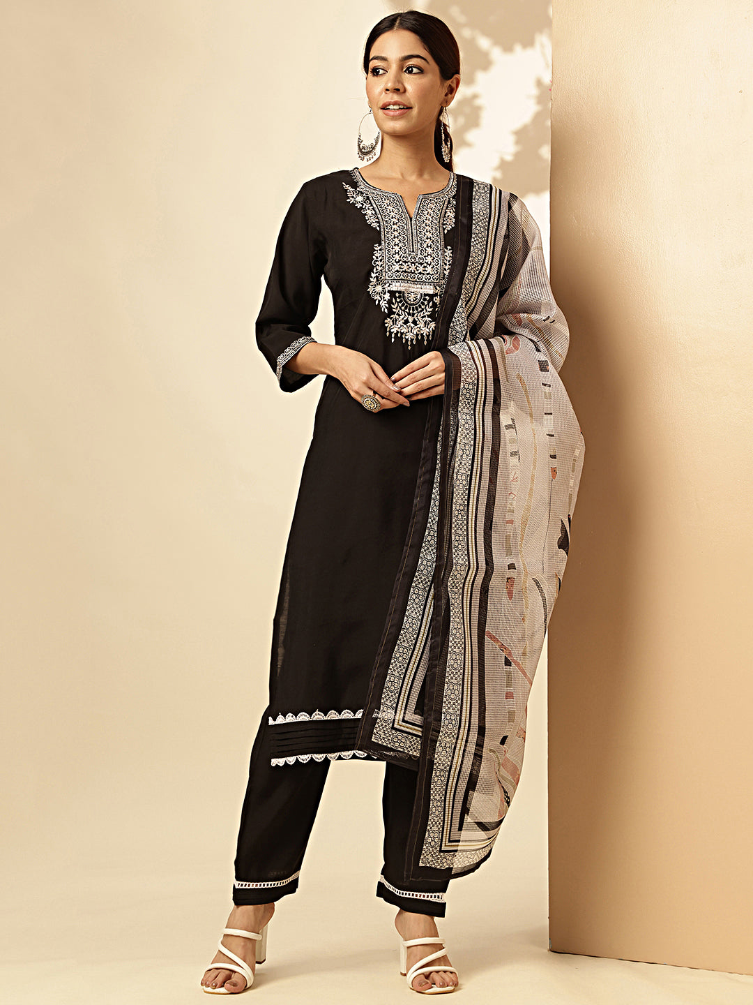 Black Solid With Embroidered Work Straight Roman Silk Stitched Kurta Set