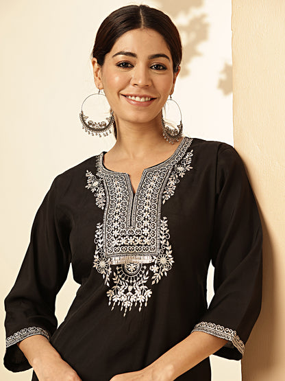 Black Solid With Embroidered Work Straight Roman Silk Stitched Kurta Set