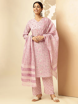 Purple Floral Printed Cotton Stitched Kurta Set