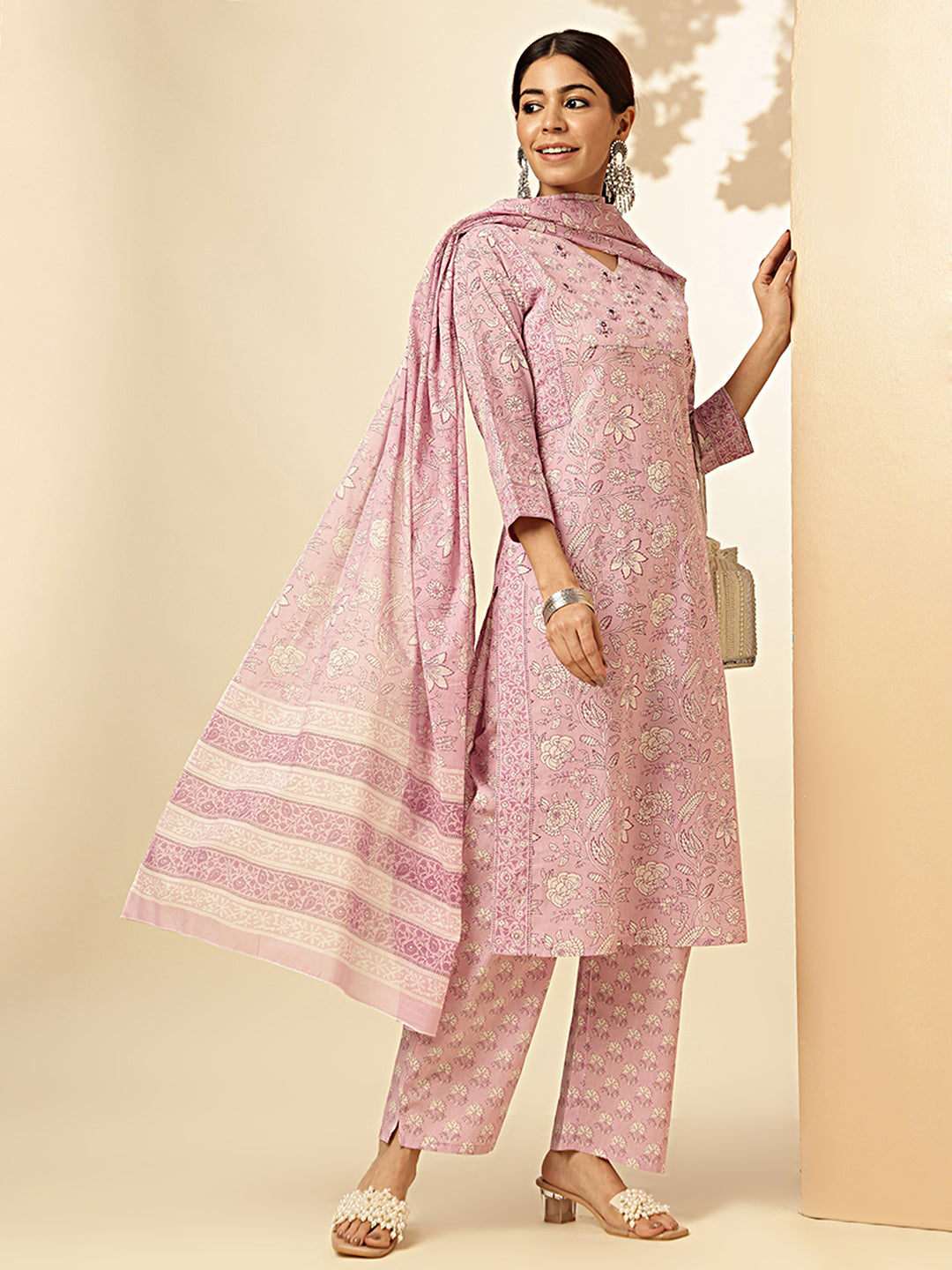 Purple Floral Printed Cotton Stitched Kurta Set