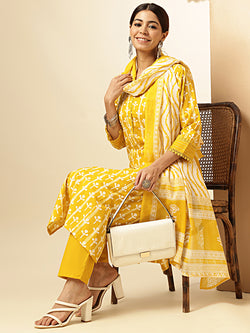 Mustard Printed Straight Cotton Stitched Kurta Set