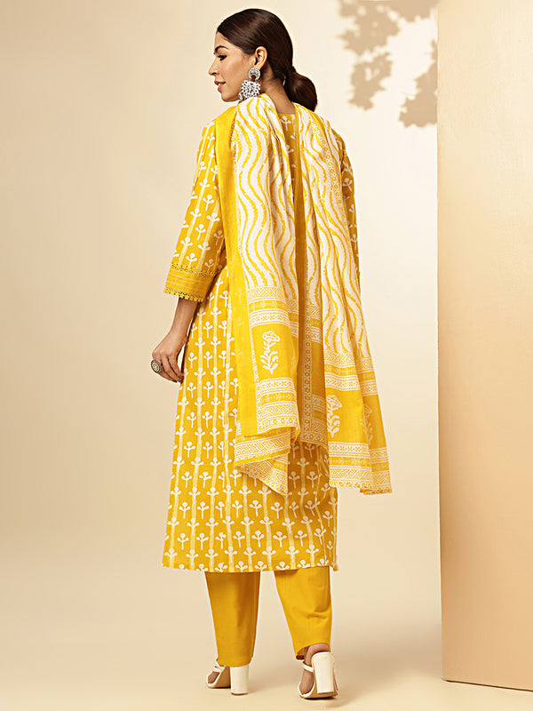 Printed Straight Cotton Mustard Stiched Kurta Pant With Dupatta 