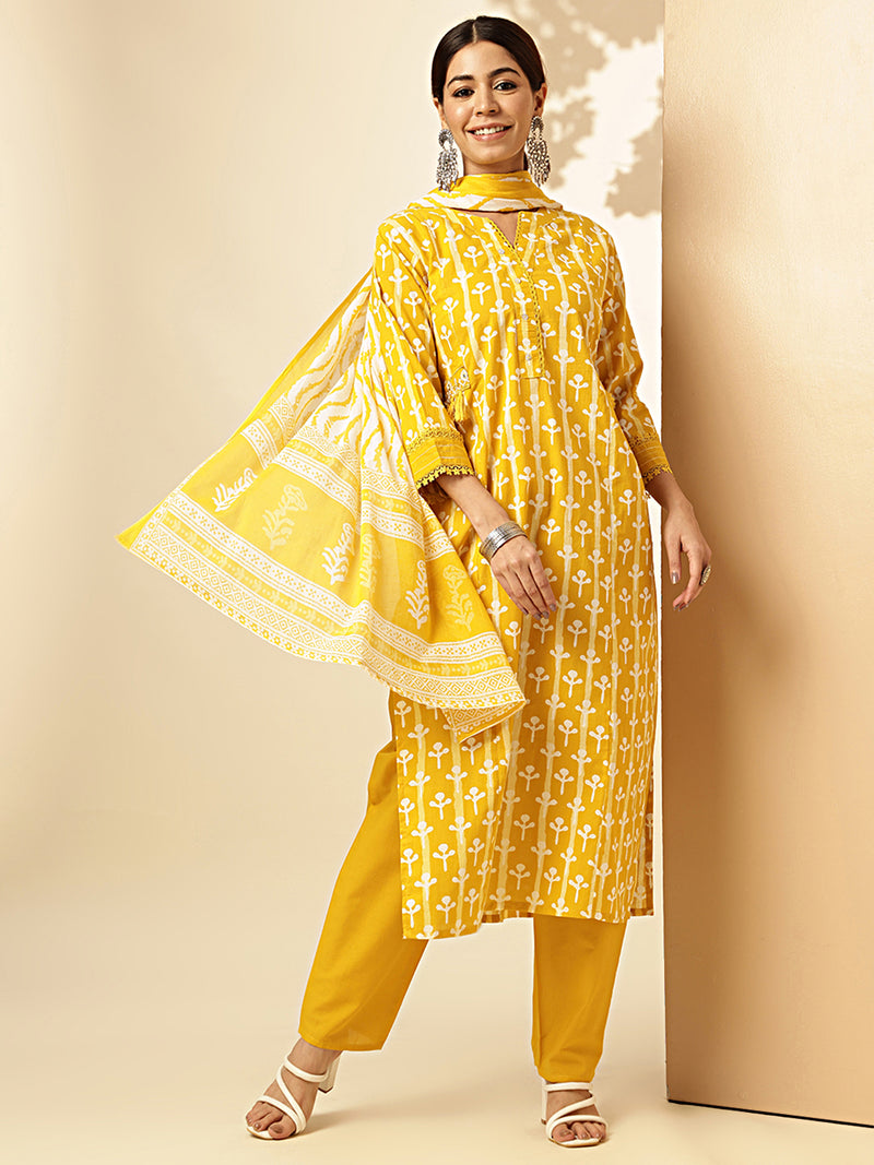 Mustard Printed Straight Cotton Stitched Kurta Set